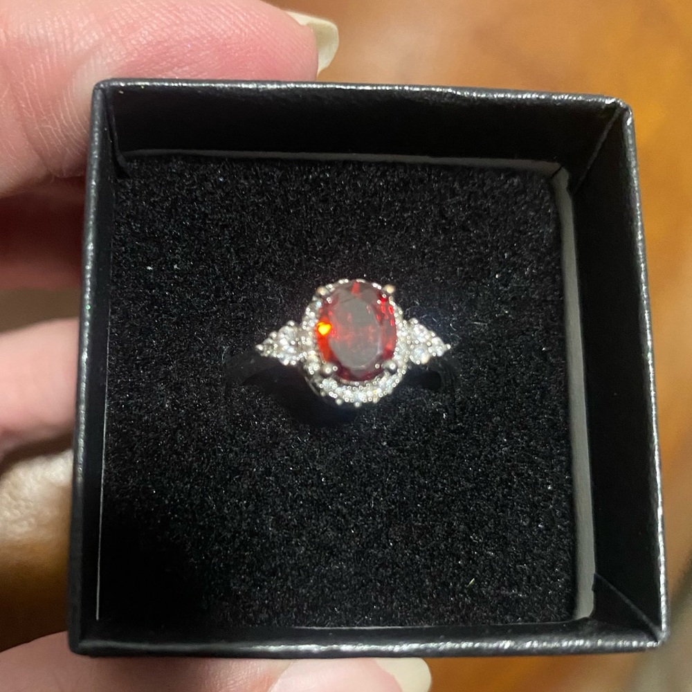 Red CZ Oval Halo Ring with CZ Accents - size 7